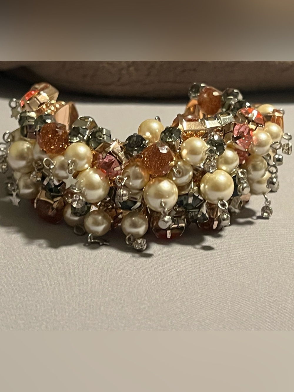 Betsey Johnson Pearl & Crystal Cluster Cuff Bracelet- Pink, Orange, Black & gold
